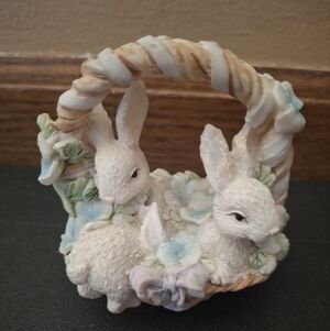 Ceramic Bunny Basket Figurine in White and Pastel